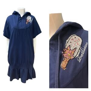 Love Moschino Navy Cotton Hoodie Dress Sequin Ice Cream Patch / Size 8 -